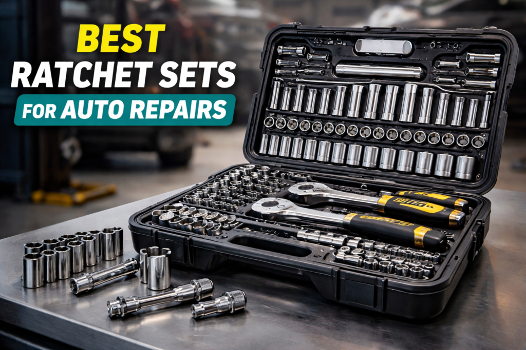 Organized automotive ratchet set in a tool chest ready for mechanic work