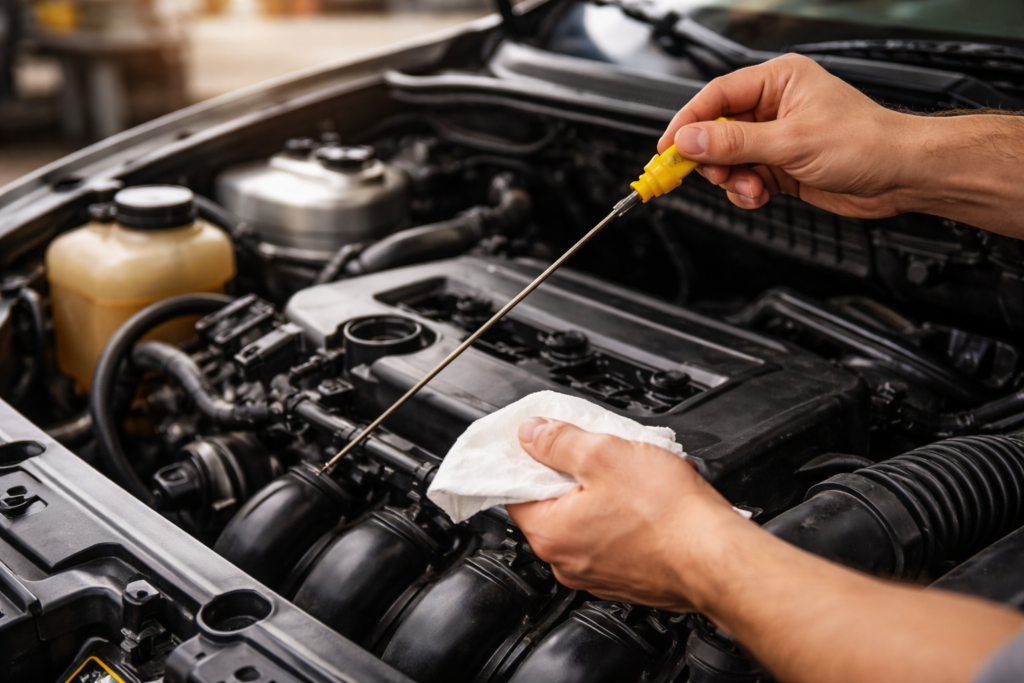 checking engine oil level with dipstick