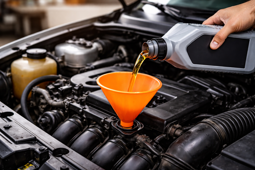 adding new engine oil with funnel