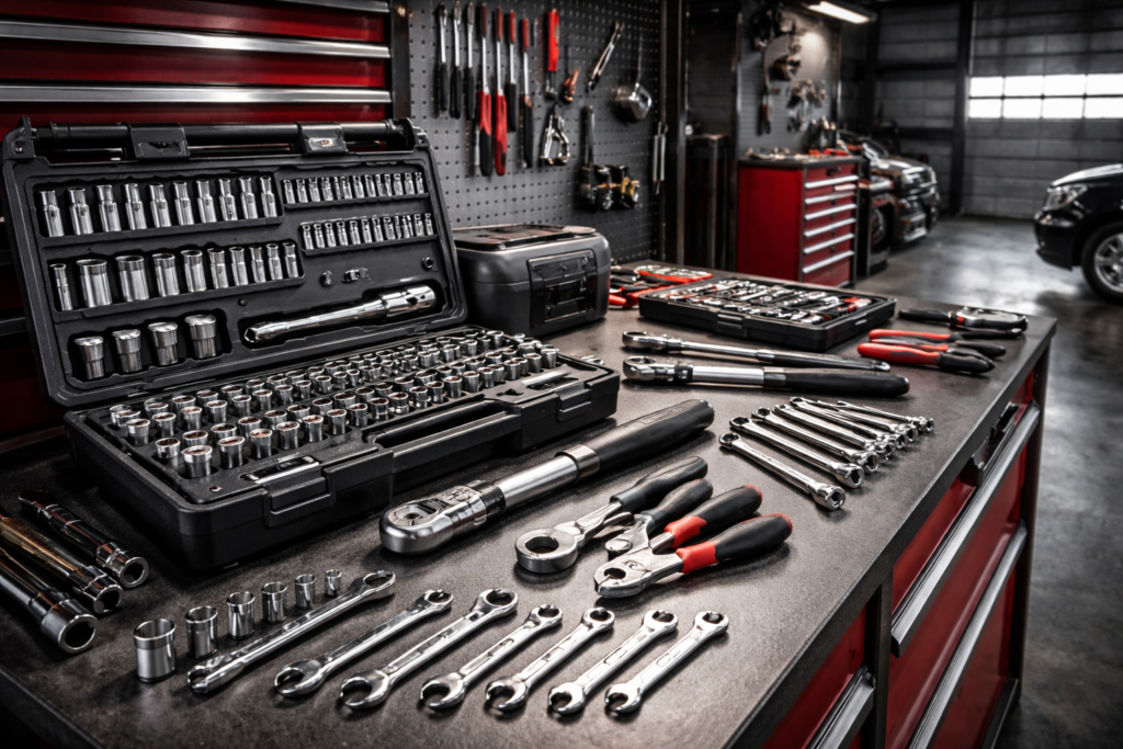 professional automotive tools setup in garage with socket set ratchet and toolbox
