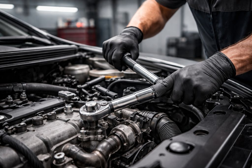 mechanic using torque wrench on car engine for precise tightening
