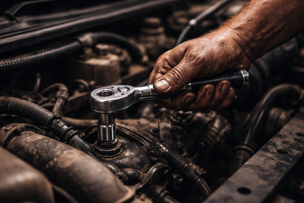 Mechanic using a 3/8-inch best ratchet set in a tight engine bay for car repair