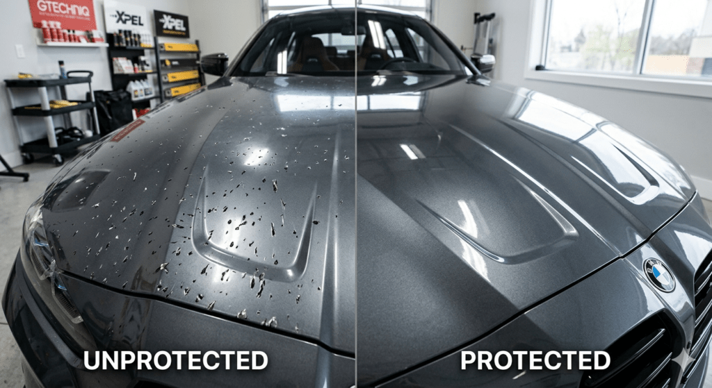 Car bonnet damage without protector vs protected hood
