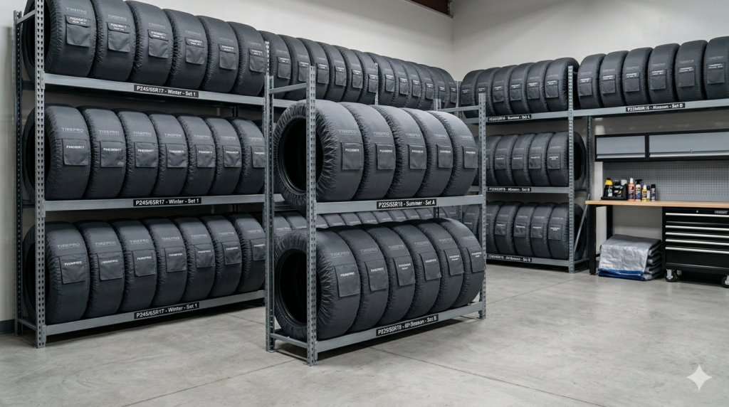 Proper tire storage in garage with upright positioning and protection
