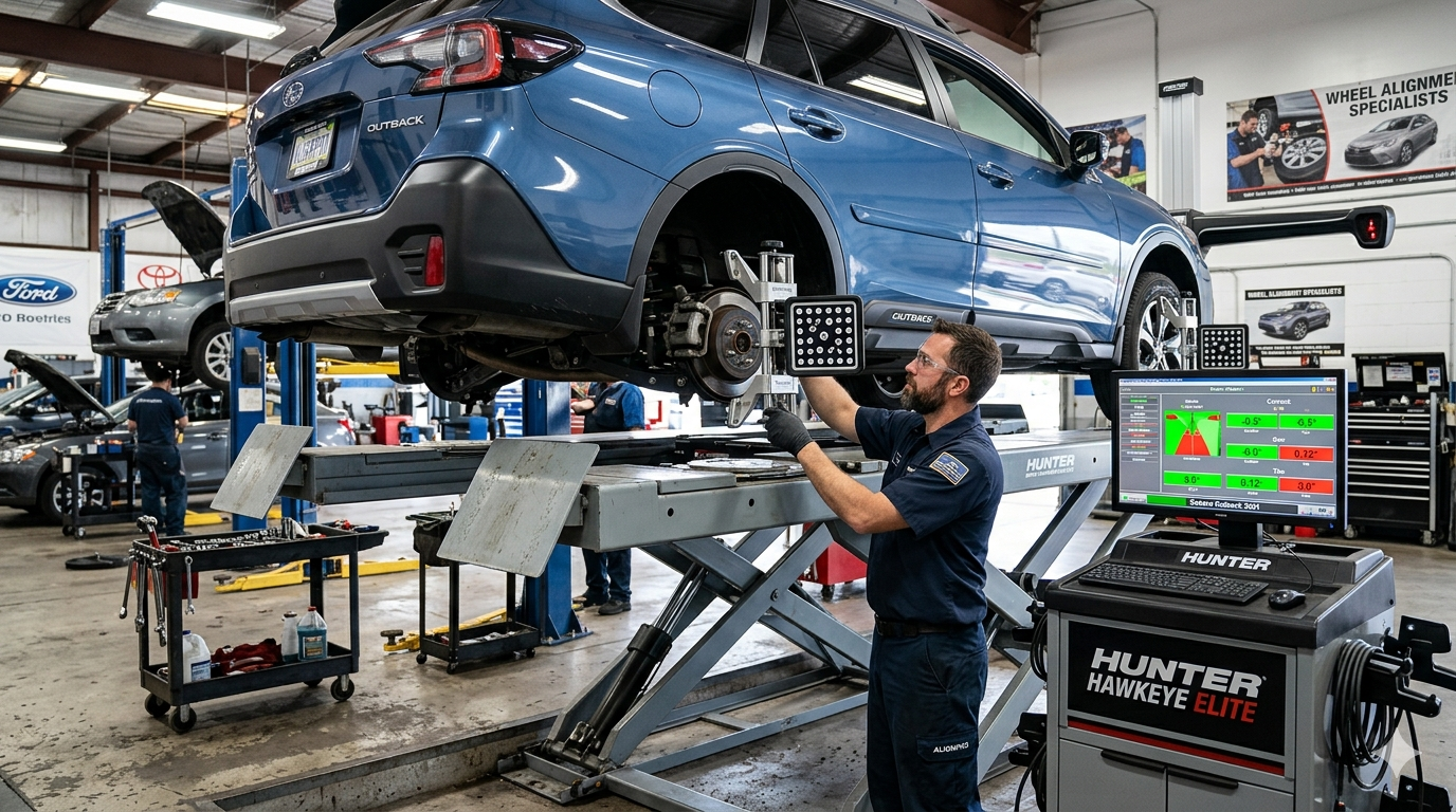 Wheel alignment service being performed in auto repair shop