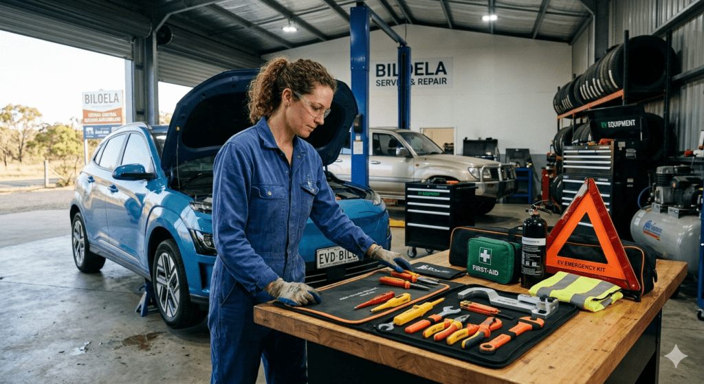 Close-up of portable EV charger connected to home outlet