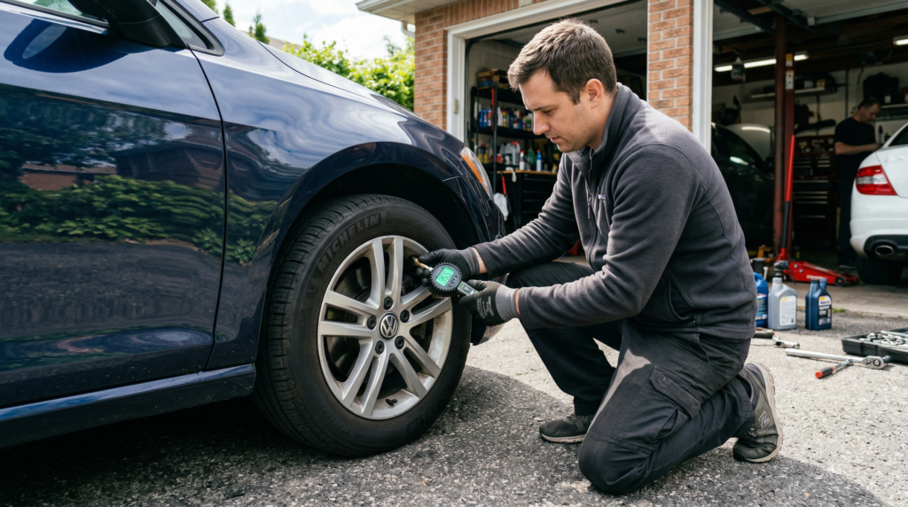 checking tire pressure with digital gauge car maintenance