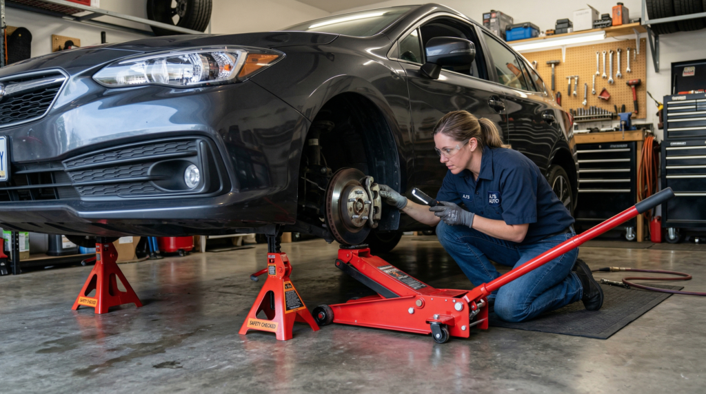 essential car maintenance tools: car lifted with jack stands safe car maintenance setup