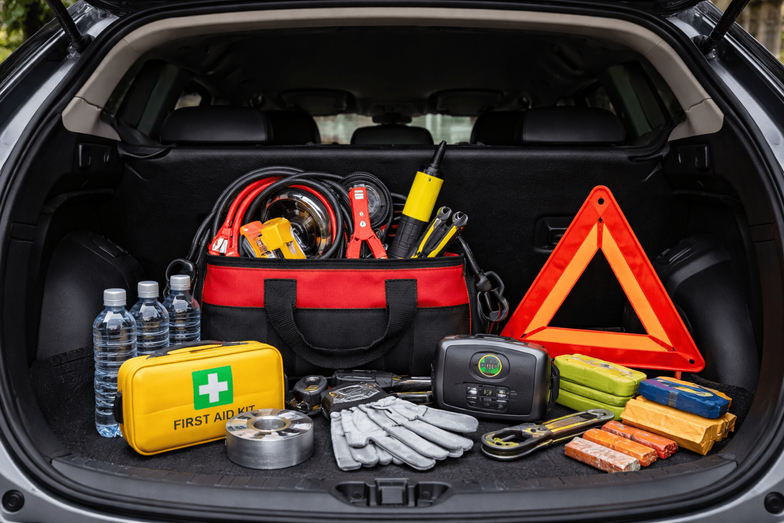 car emergency kit essentials in trunk