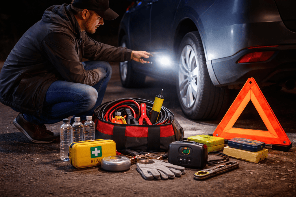 using car emergency kit during roadside breakdown